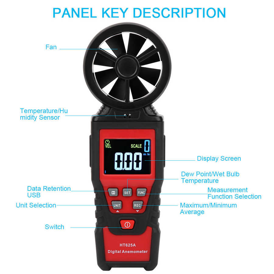 Anemometer Handheld Digital Wind Speed USB LCD Display Backlight Air Flow Speed Wind Meter HT625A