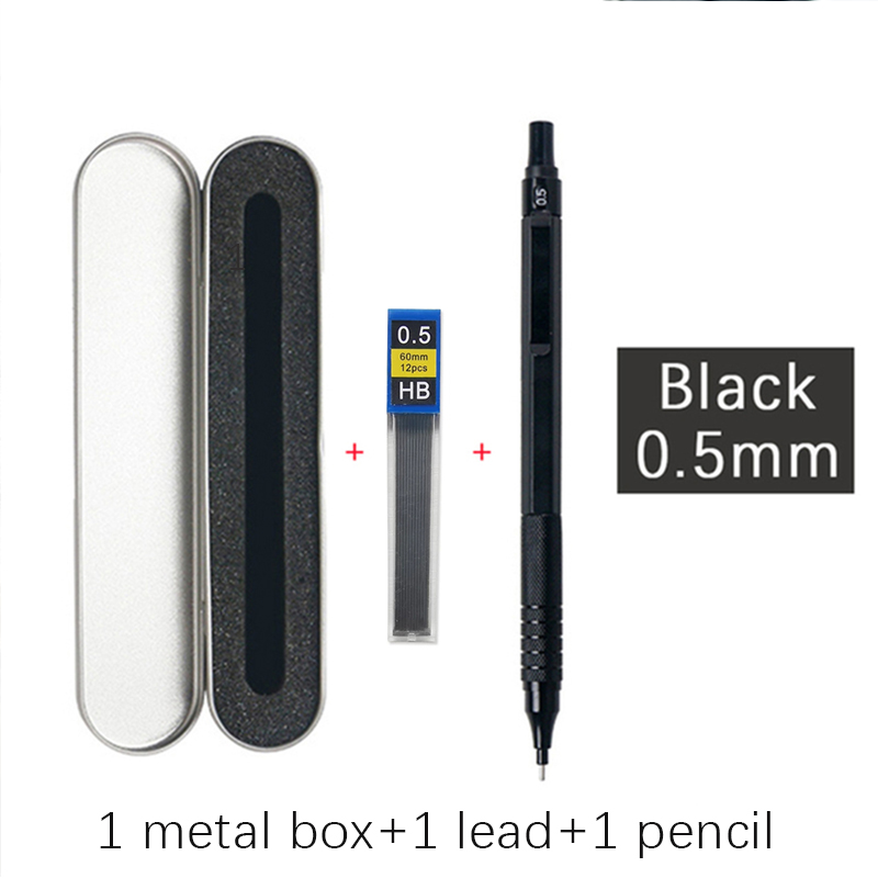 Hochwertiges Druckbleistift-einstellen aus Metall mit Minenminen, Zeichnung, automatischer Bleistift, 0,3, 0,5, 0,7, 2,0 mm, Bleistift für Kunstbedarf: Schwarz