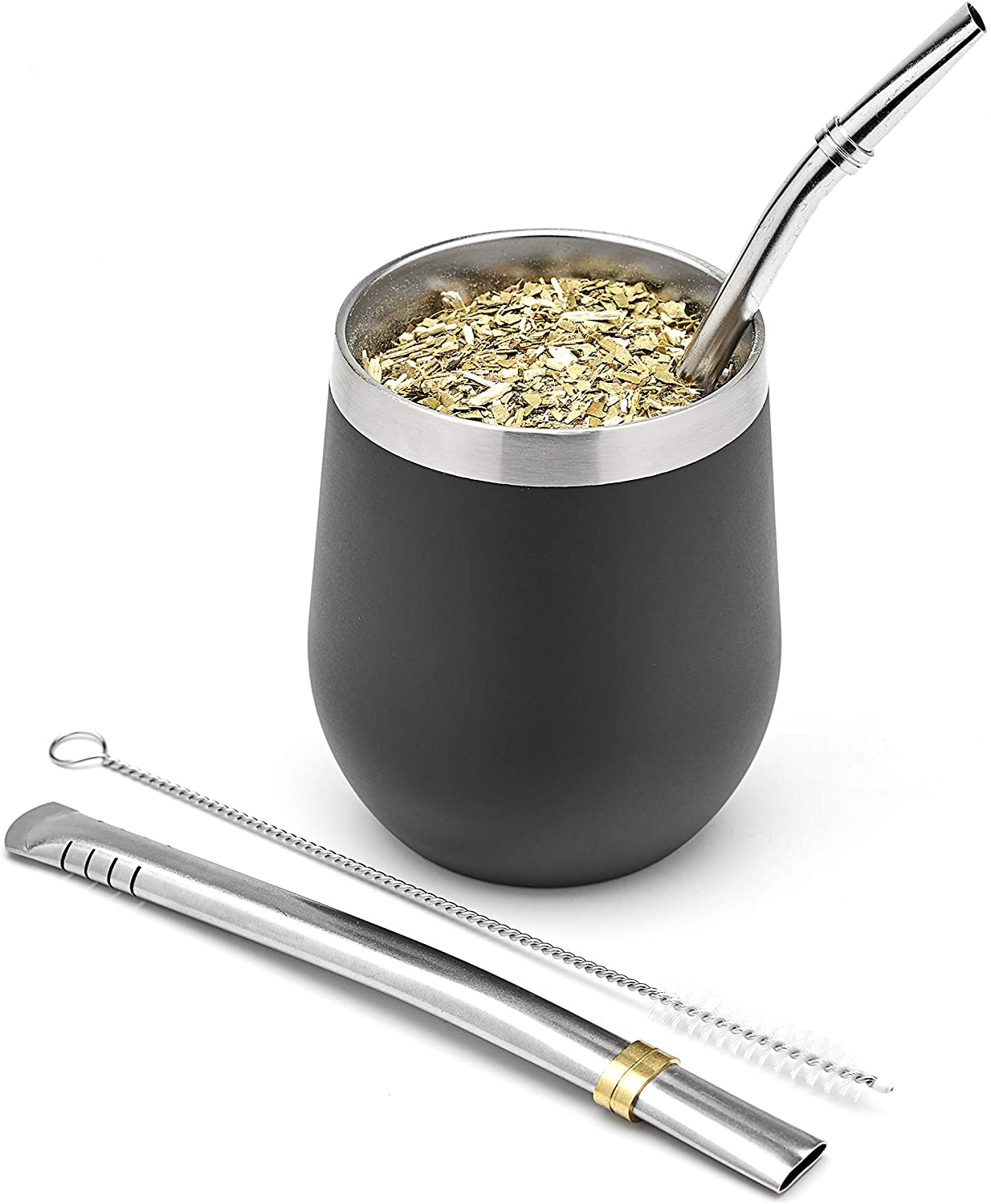 Moderni mate kuppi ja bombilla setti (yerba mate kuppi) -yerba mate setti kaksiseinämäiset 18/8 ruostumatonta terästä: Musta
