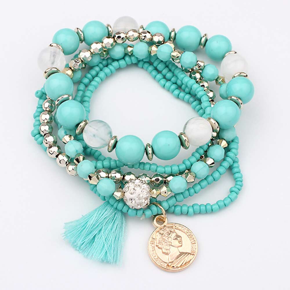 multicapa pulseras pulsera de perlas mujer strass cuentas borlas pulseras joyas: Light Blue