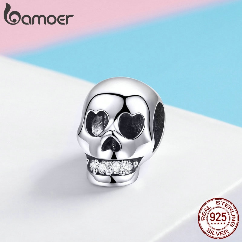 BAMOER 925 Sterling Silver Christmas Skull Head Beads Charm fit Charm Bracelet Halloween Jewelry Making Accessories DIY