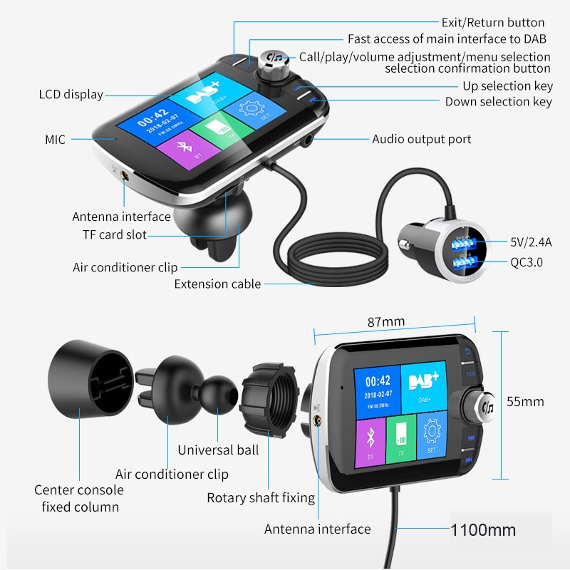 Jilang Car Radio DAB+ Radio Tuner Digital Broadcasting Receiver with FM Transmitter Converter Plug and Play Adaptor USB Charger