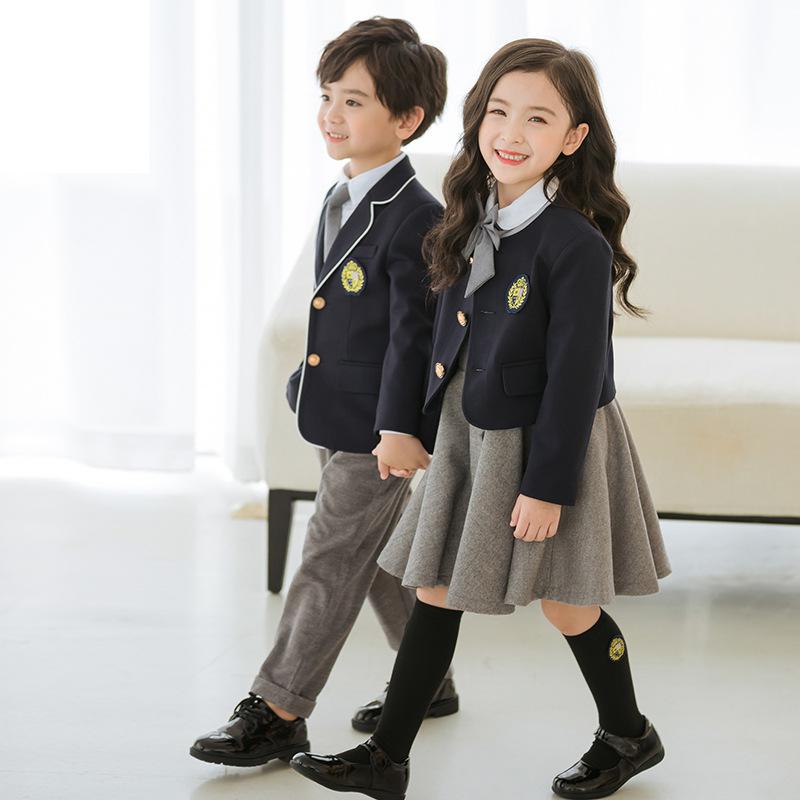 Kinder Herbst Britischen Schuluniform Jungen Mädchen Grau Kleidung Anzug Blazer Mantel Kleid Japan Student Uniform Schule Mädchen Outfit