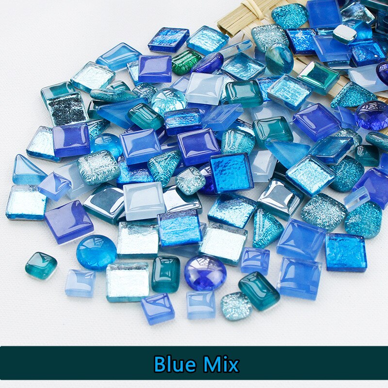 Perles de mosaïque en verre multicolores de 300g/10.58oz, rondes/triangles/carrées, pierres de mosaïque brillantes pour bricolage: Blue Mix