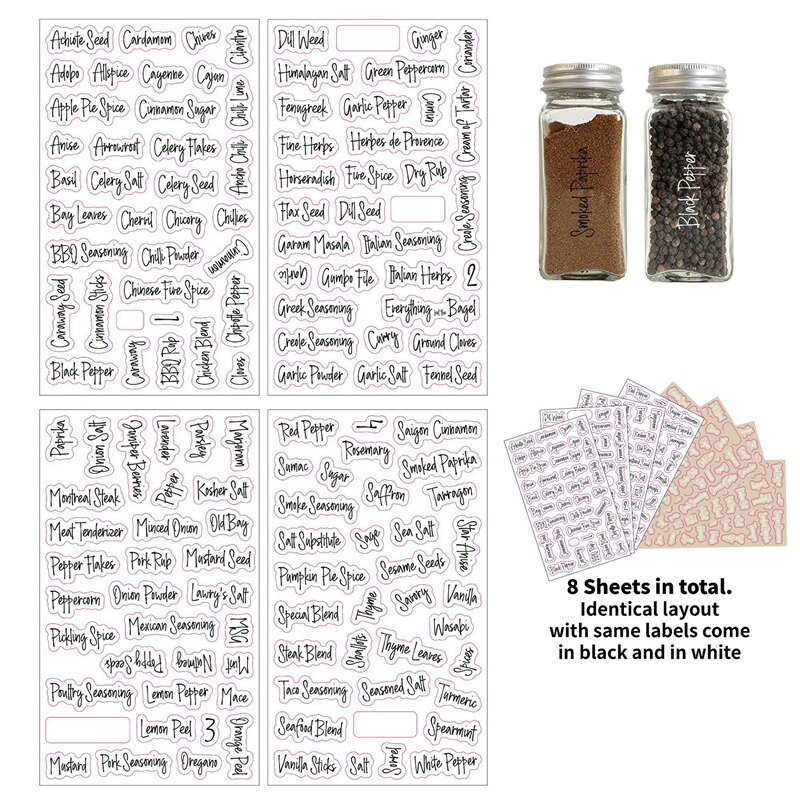 274 stk krydderikrukker etiket klistermærker ord i sorte og hvide farver madflaske container gadgets krydderier 8 ark