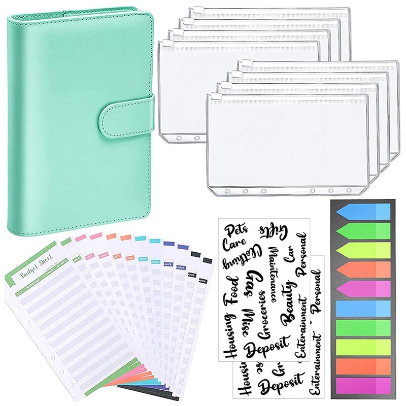 A6 Binder,PU Refillable 6 Ring Notebook Binder Binder Pockets,Expense Budget Sheets Sticker Labels,Labels: Green