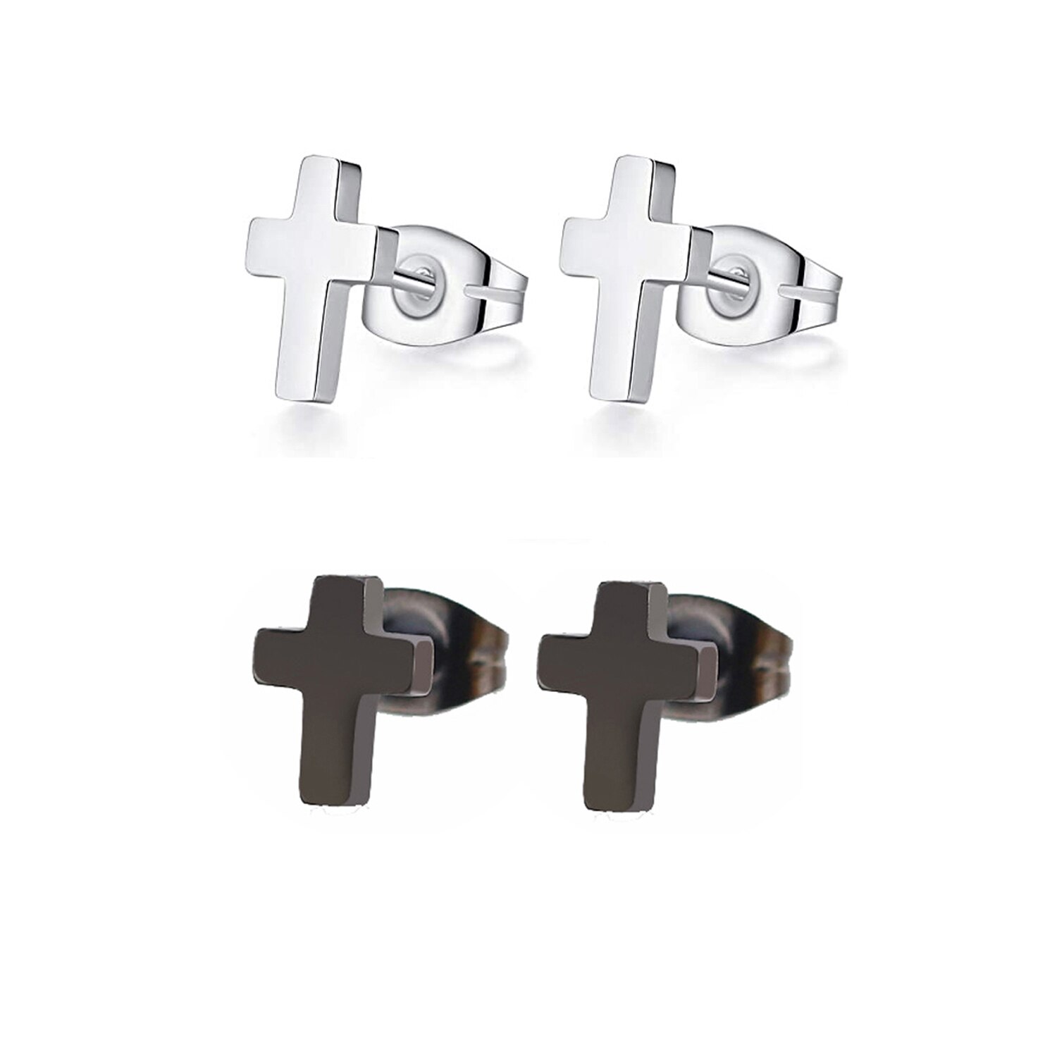2 par punk rostfritt stål 20g silver svarta långfinger/kors/spike/runda platta öronproppar örhängen dam örhängen set
