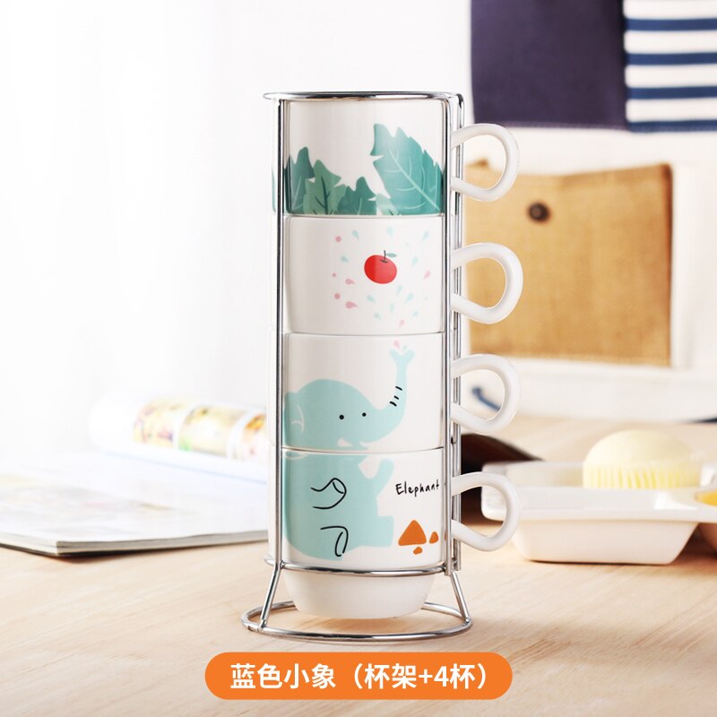 Ceramic Coffee Mug Stacking Cup Teacup Home Set Ceramic Cup Fun (4 Cups + 1 Cup Holder): B