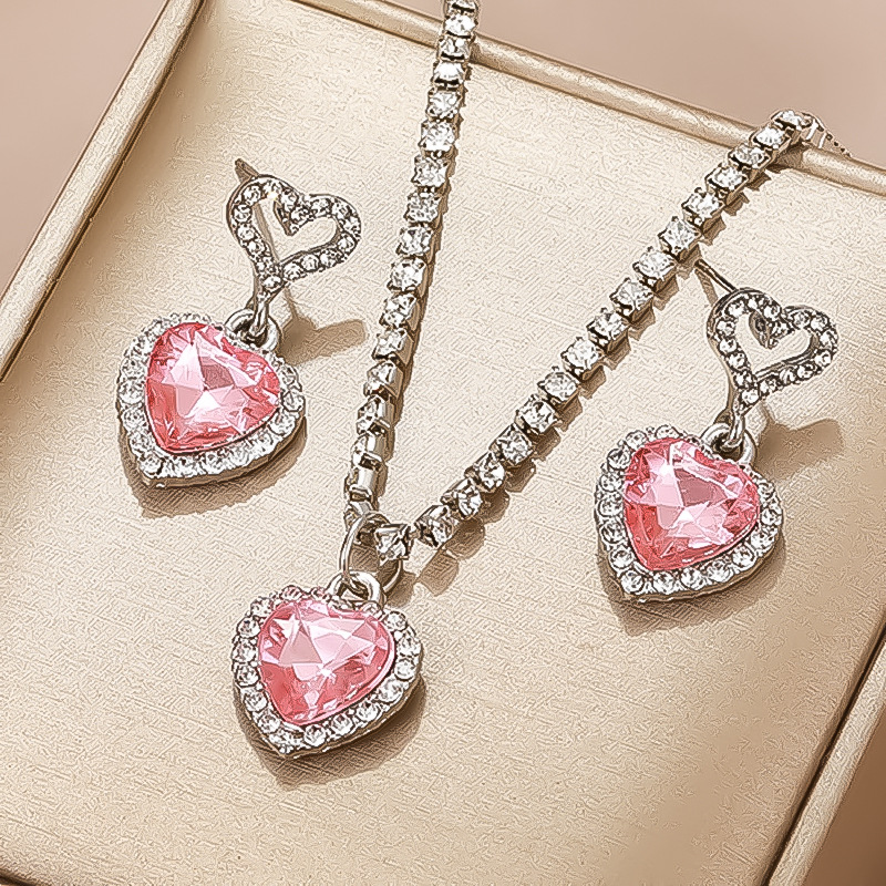 Conjunto de collar y pendientes de cristal rosa con circonita de corazón para mujer, collar colgante de lujo, pendientes, conjuntos de joyería de boda, , 3 uds.
