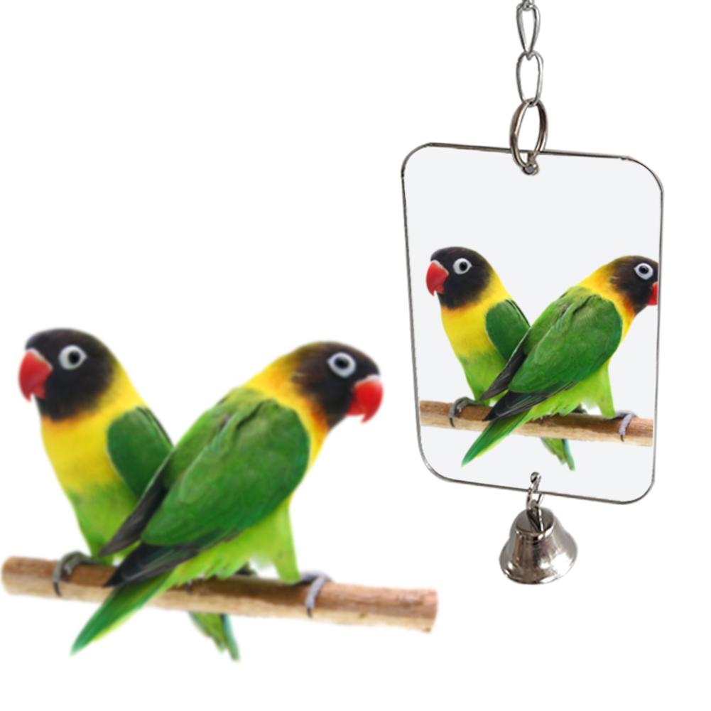 Campana para loro, juguete para mascotas, espejo con pájaro, juguete columpio para jaula de pájaros, juguete rectangular redondo con forma de corazón opcional con cascabel de Color aleatorio: D