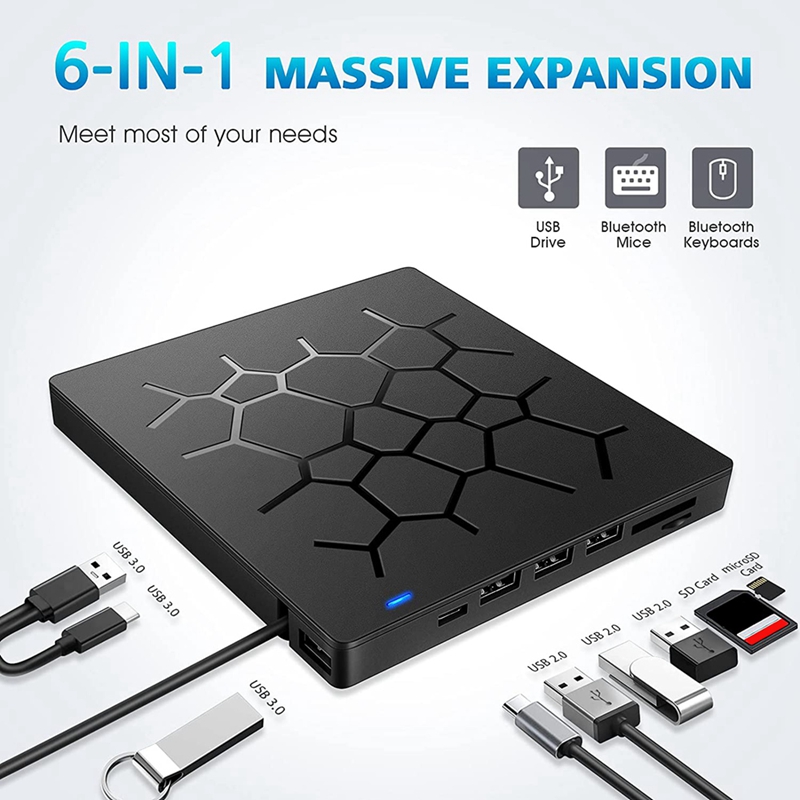 Lecteur de DVD externe, graveur de CD DVD USB 3.0 pour ordinateur portable, lecteur de disque optique de Type C CD/DVD ROM +/-RW avec 4 Ports USB