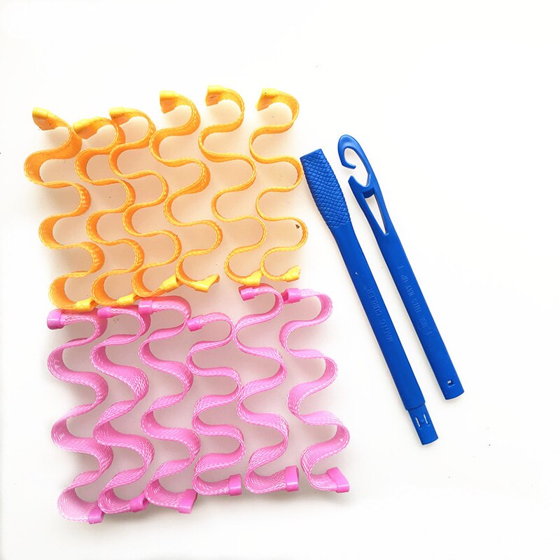 12 stk 25cm krøller spiral krøller ingen hedebølge hår krøller styling kit spiral krøller med 2 stk styling kroge: Lyserød og gul