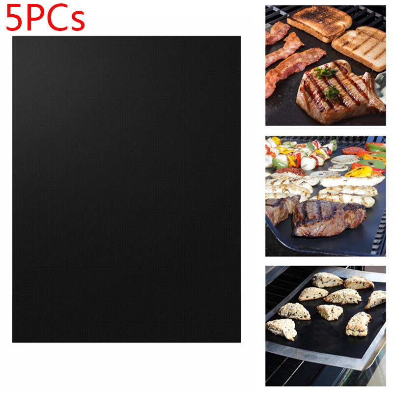 Non-stick BBQ Grill Mat 40*33cm Baking Mat Teflon Cooking Grilling Sheet Heat Resistance Easily Cleaned Kitchen For Party: Black 5PCs