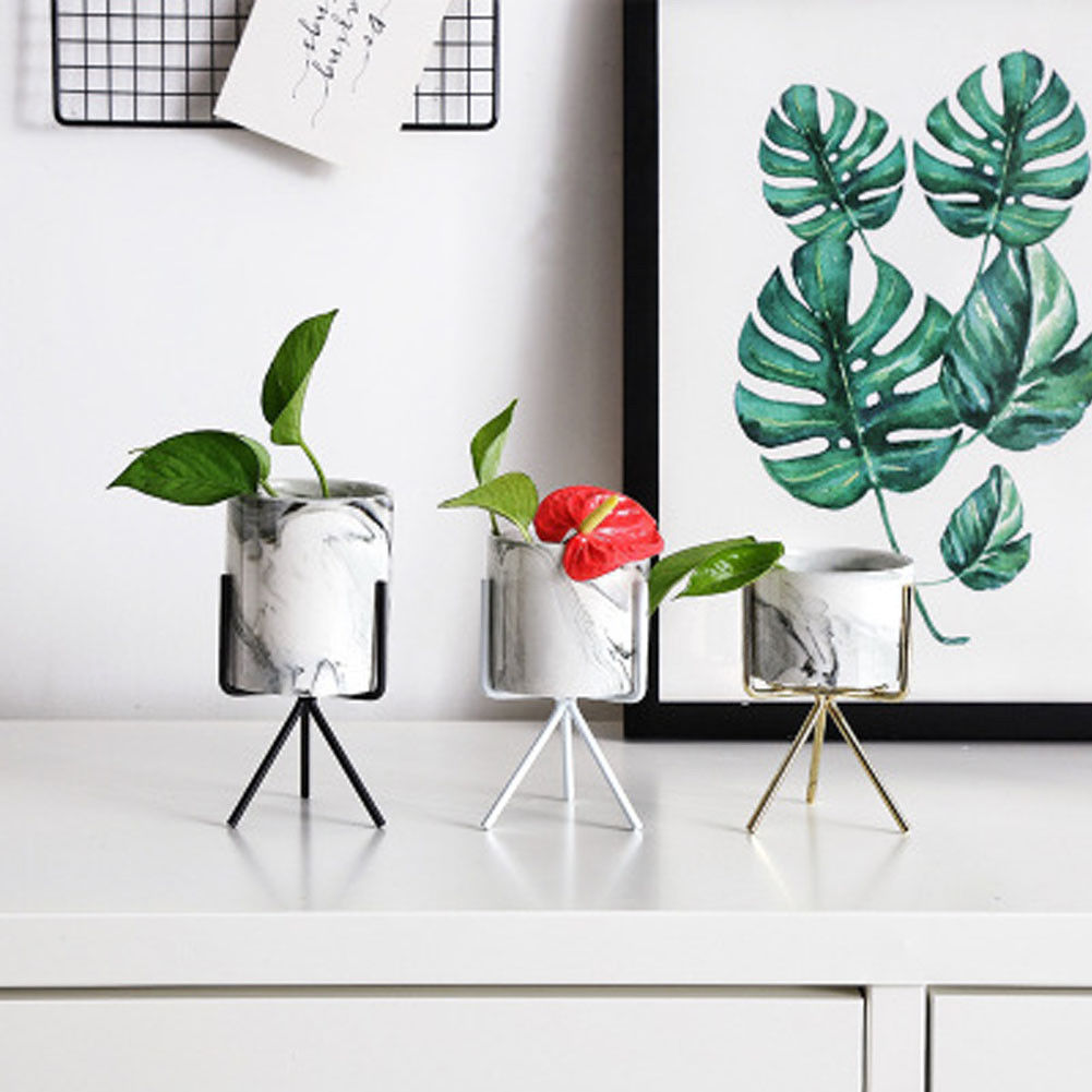 2pc/ sett keramisk blomsterpotte planter pennholder dekor vase stativ + jernstativ hage hjem blomsterpotte holder planter