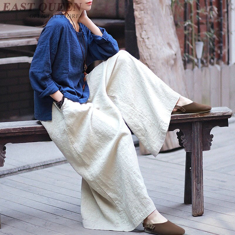 Culotte Palazzo en lin de style chinois pour femme, pantalon à jambes larges, ample, baggy, , FF1268