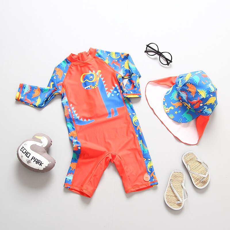 Swimming Suit for Boys Dinosaur Print Long Sleeves Children's Bathing Suit for Boy One Piece Kids Swimwear Beach UV Clothing: 130