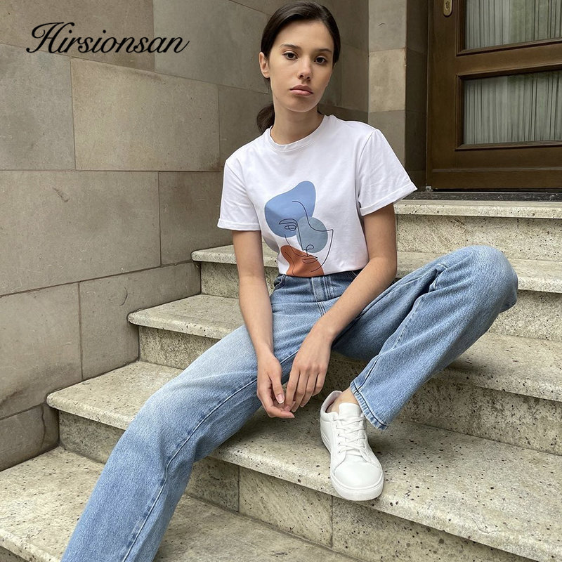 Hirsionsan abstrakt print t-shirt til kvinder sommer oversized 100%  bomuld t-shirts afslappet løs æstetisk t-shirt o-hals toppe