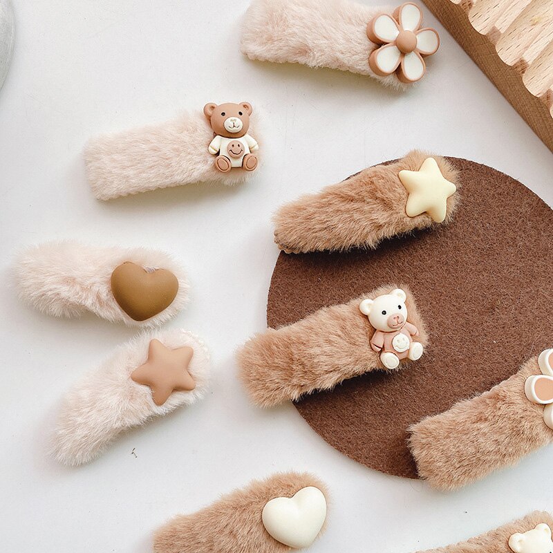2 Stuks Faux Fur Baby Haar Clips Voor Meisjes Haarspelden Leuke Ster Hart Beer Kids Hair Pin Accessoires Baby Barrette hoofddeksels