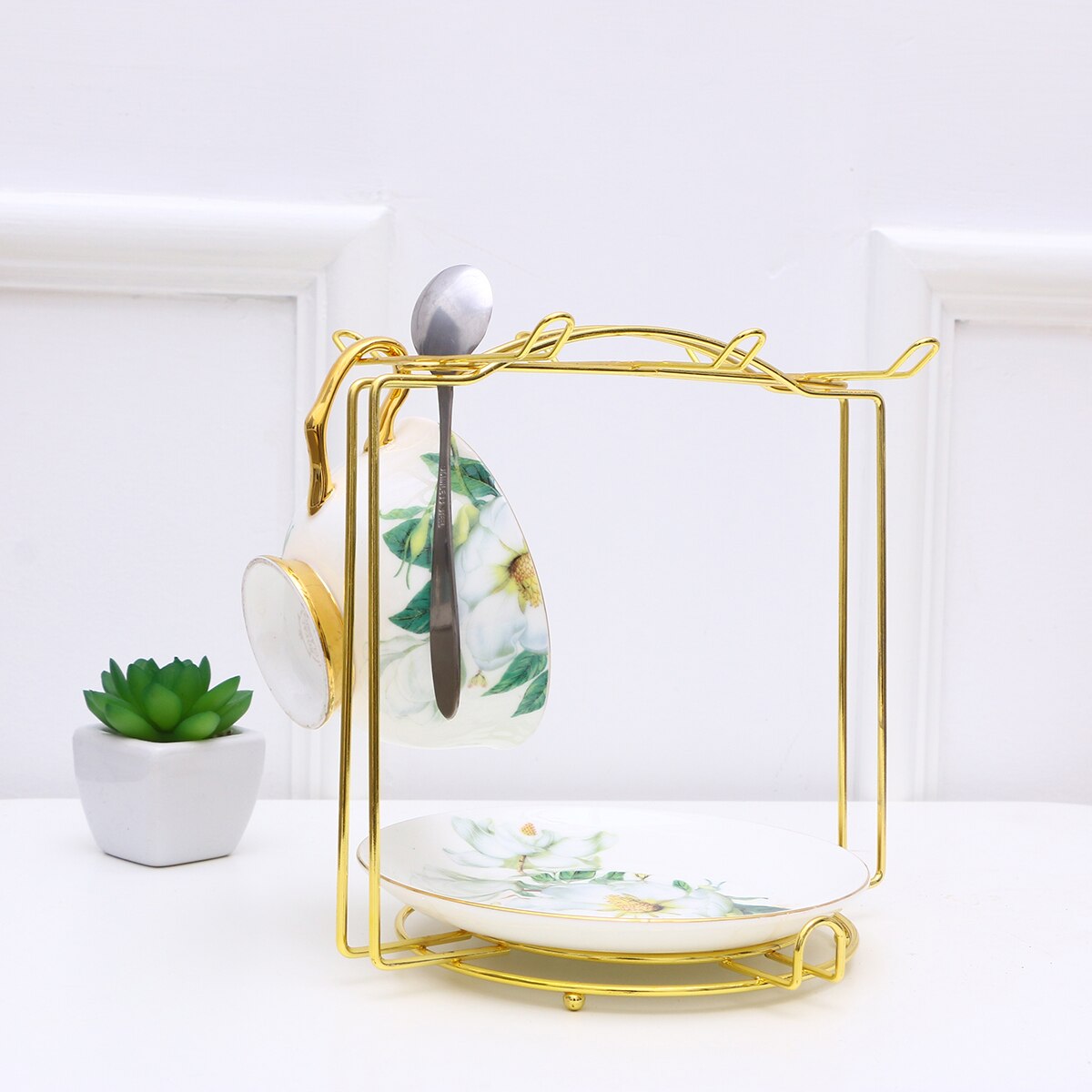 Coffee Cup Plate Organizer Coffee Cup Holder Kitchen Decoration Cabinet And Counter Shelf Organizer Mug Holder For 4Cups 6Plates