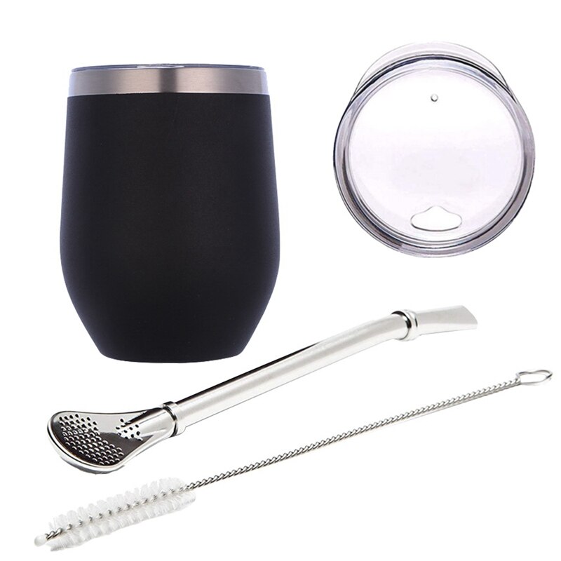 Double-Wall Stainless Yerba Gourd Mate Tea Set Water Mate Tea Cup with Lid Spoon Straw Bombilla Head Filter Brush: Black