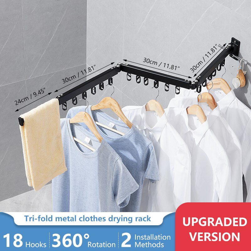 1.2m Folding Clothes Hanger Wall Mount Retractable Cloth Drying Rack Indoor &amp; Outdoor Space Save Aluminum Home Hotel Clothesline: New Black 3 Rod