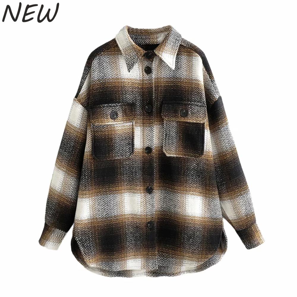 Vintage women long sleeve woolen coats ladies thick plaid coat female streetwear girls oversize jacket chic: dark brown / S