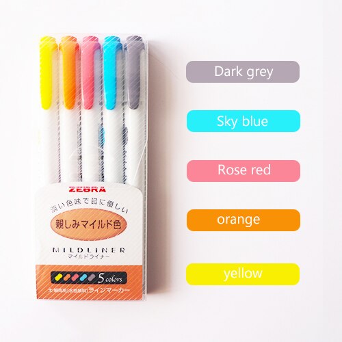 Zebra-Juego de rotuladores de doble punta para la escuela, juego de bolígrafos de doble punta, marcador de dibujo, papelería Mildliner: 5pcs set