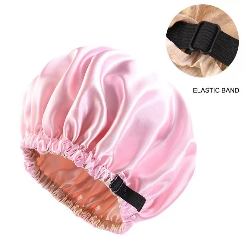 Satin Nightcap Invisible Flat Adjustment Buckle Simulated Silk Double Round Cap Shower Cap Beauty Salon Hat.: pink