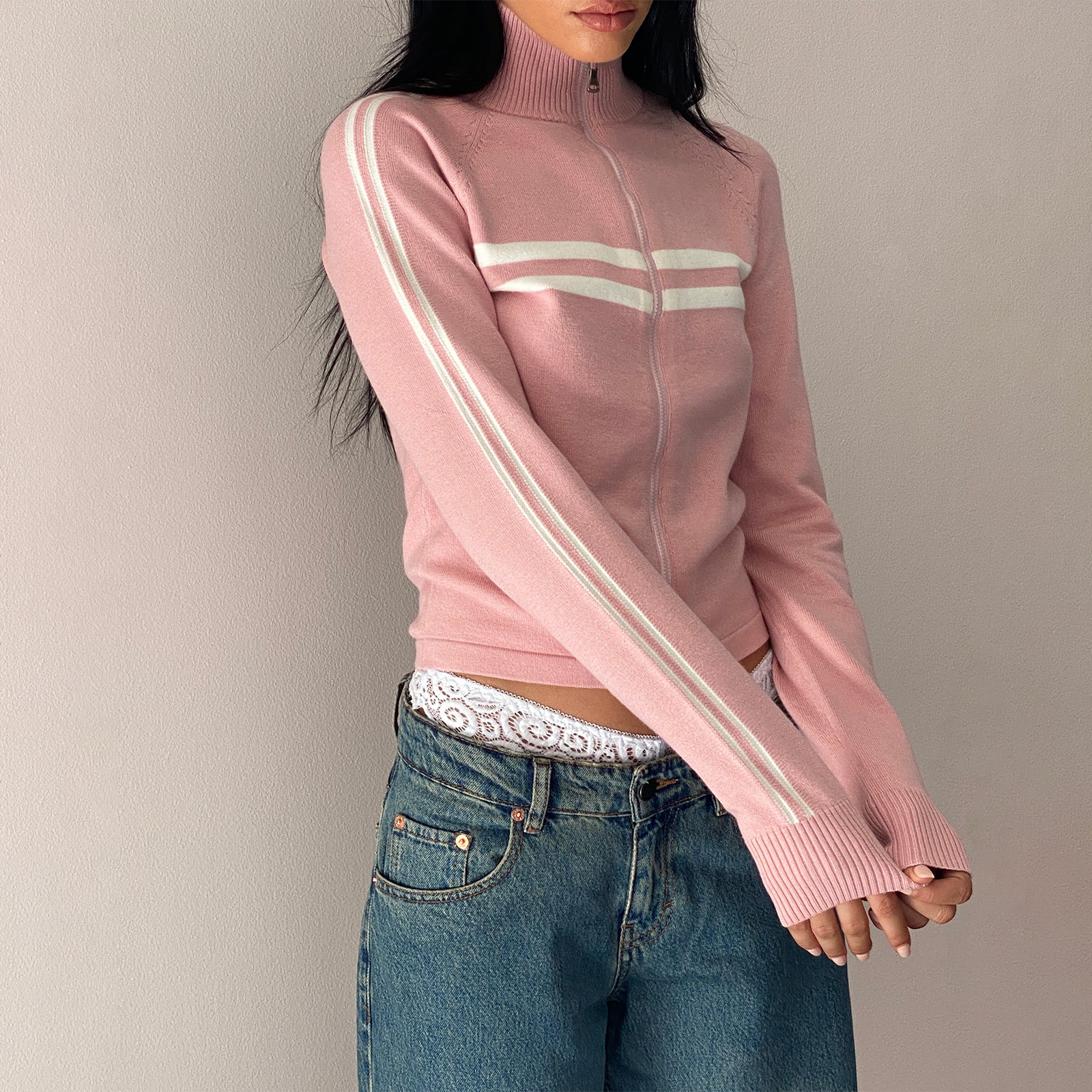 Frauen gerippte Strickjacke y2k Langarm Reiß verschluss Pullover Strickjacke Slim Fit gestrickte Ernte Hoodie Sweatshirt Streetwear