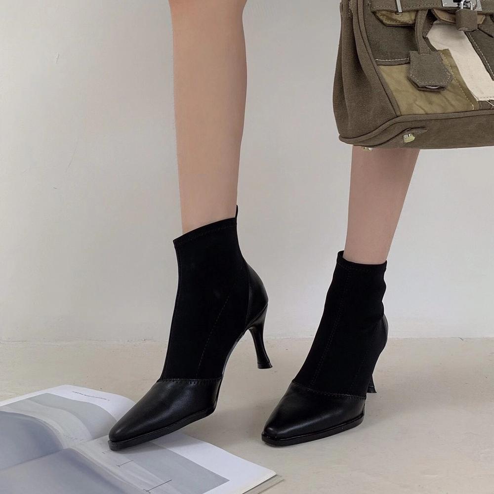 Spidse tå kvinder ankelstøvler sok støvletter dame rhinestone slip on tynde høje hæle pumps vinterstøvler