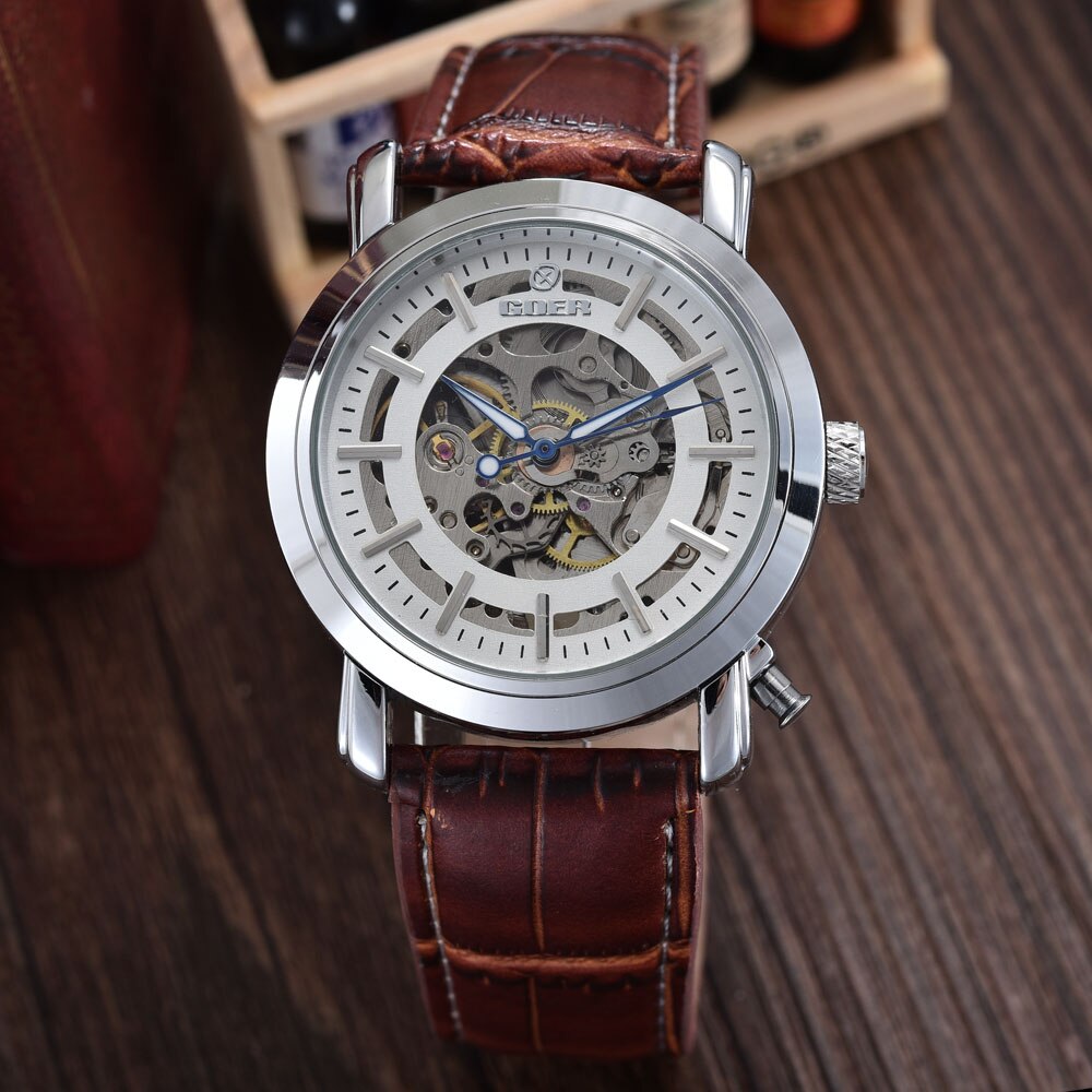 Skeleton Mechanical Watches Men Clamshell Photo Embedding Watches GOER Leather Band Automatic Watches Men