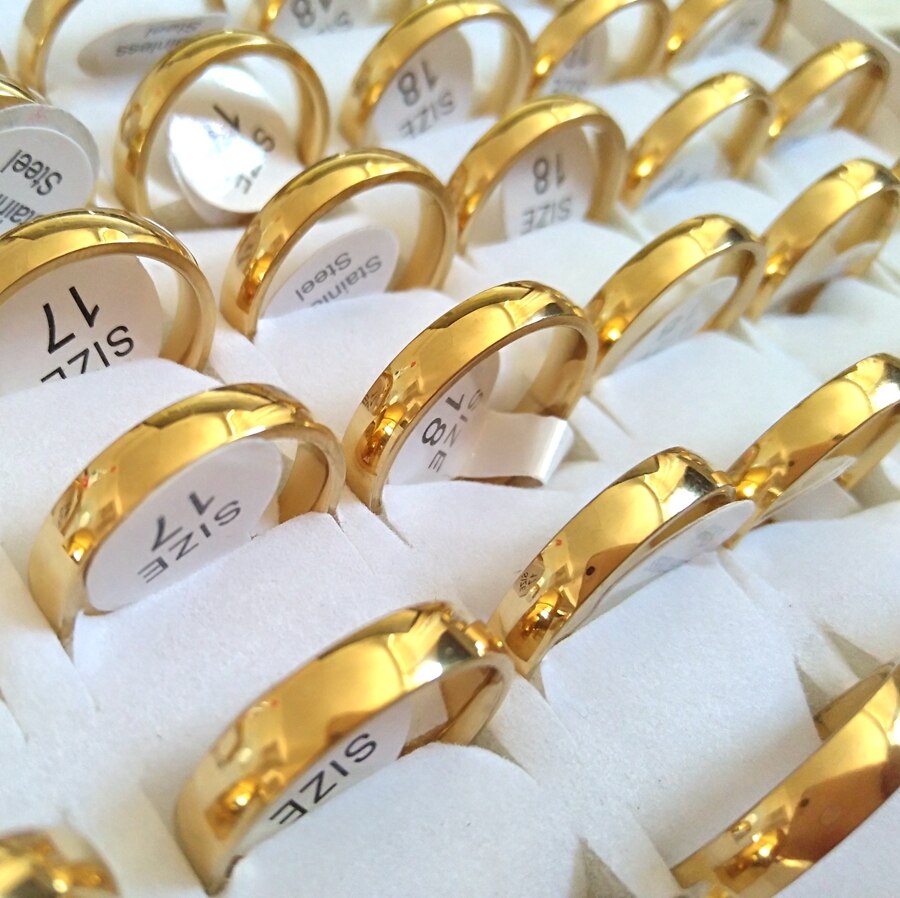 Grote partijen 50 stuks gouden 4mm paar trendy roestvrijstalen bandringen voor een geliefde bruiloft of jubileum