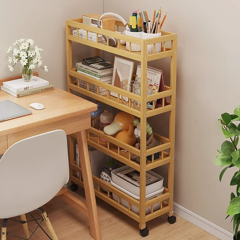 Scaffale da pavimento a spazio stretto Scaffale da bagno in piedi con ruote Carrello portaoggetti in bambù multistrato