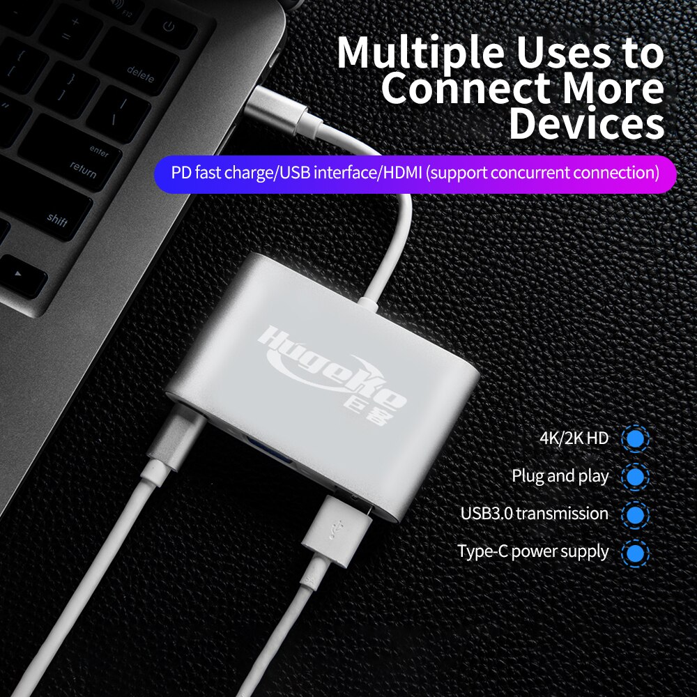 3 en 1 type-c Hub d'extension USB C à USB3.0/VGA/type-c adaptateur 1080P convertisseur de remplacement pour Mac/Huawei/Samsung