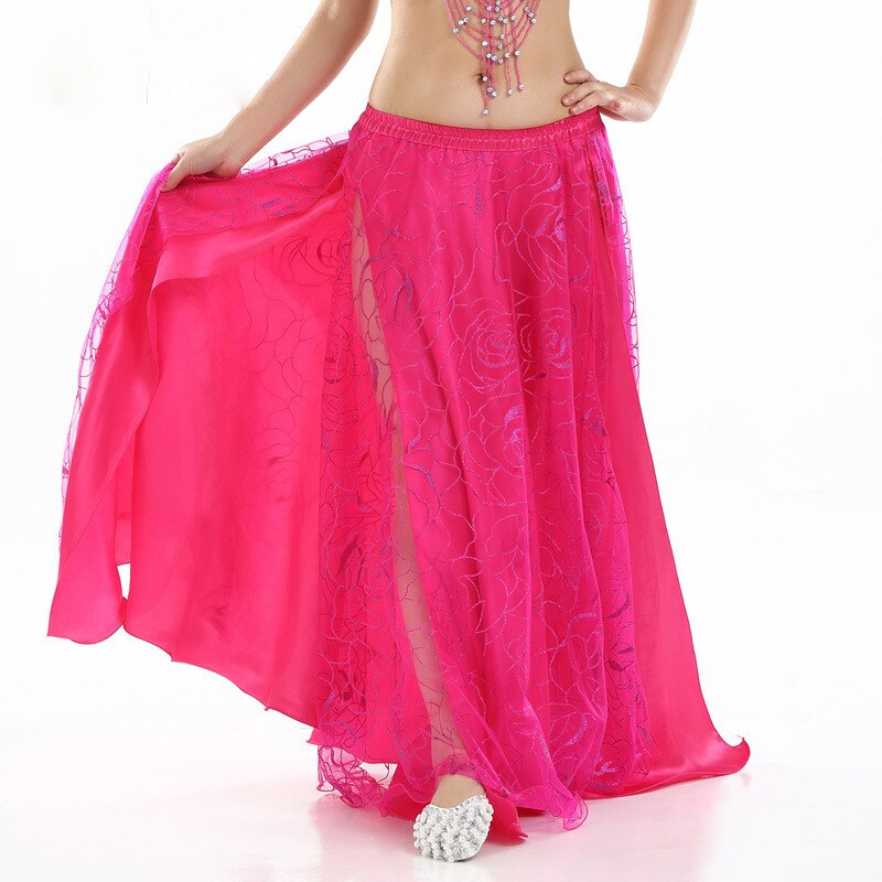 Nueva ropa de danza del vientre de las mujeres de 9 colores círculo completo Maxi falda Falda larga de pierna dividida 2 capas faldas de danza del vientre rosa: fuchsia