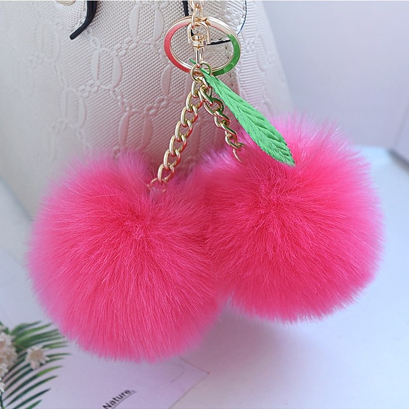 Leuke Pluizige Faux Konijnenbont Bal Pompom Sleutelhanger Cherry Gold Sleutelhanger Pom Pom Sleutelhanger Bag Charms Wedding trinket