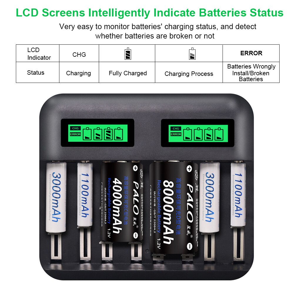 8 slots lcd-skærm usb intelligent oplader til genopladeligt batteri hurtigoplader batteri smart opladerbatterilader