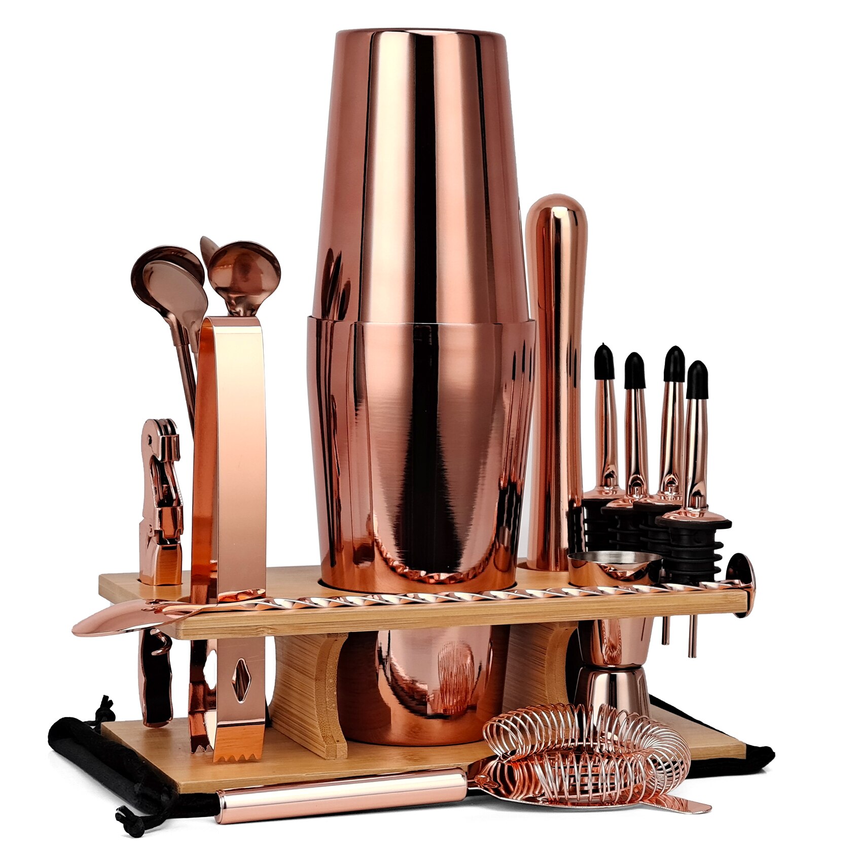 Barmann Bausatz,17-Stück Rose Gold Cocktail Shaker einstellen Mit Bambus Stehen, für Gemischte Getränke Martini Heimat Bar Werkzeuge Perfekte