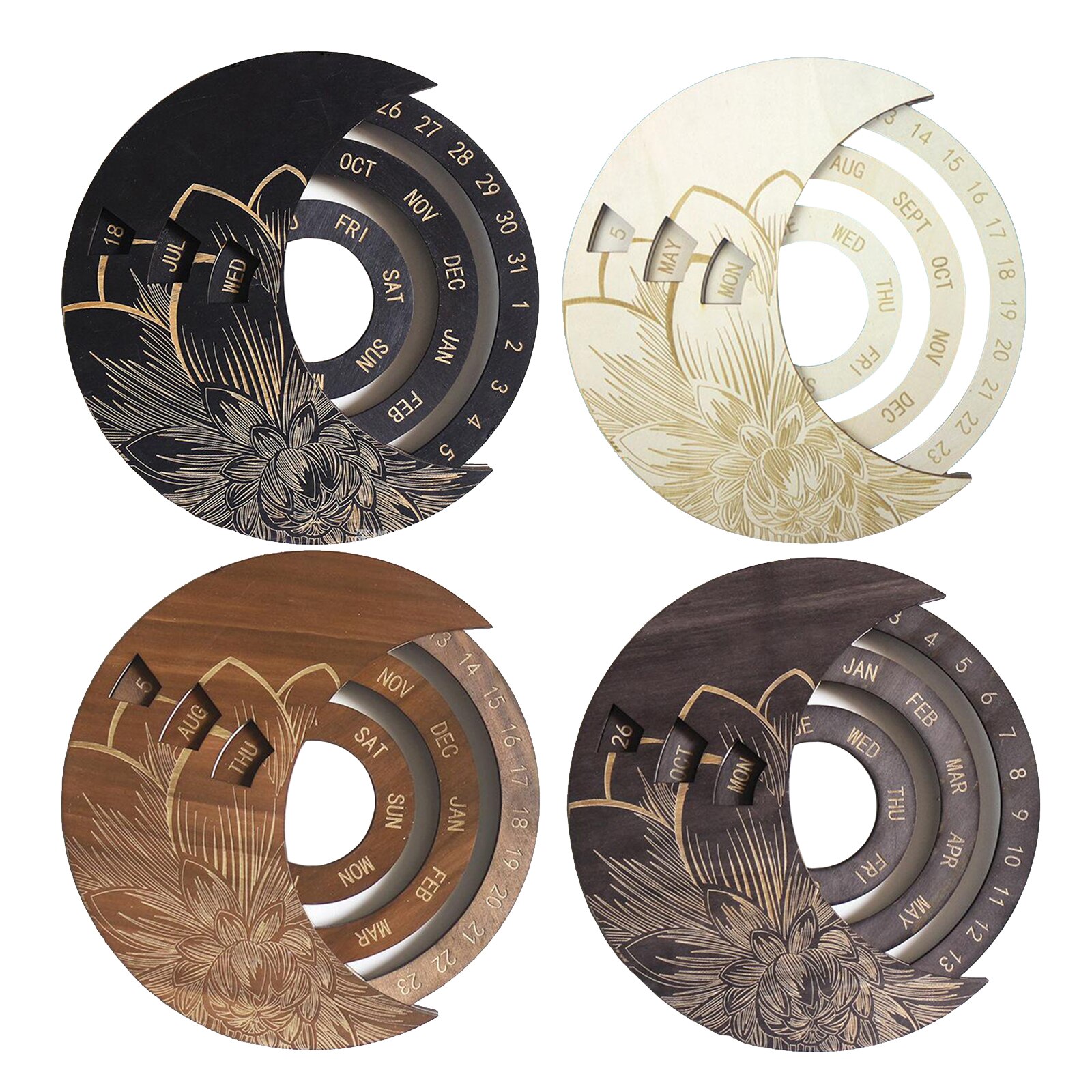 Round Moon Wooden Perpetual Calendar Wall Hanging Sign Craft Home Ornaments