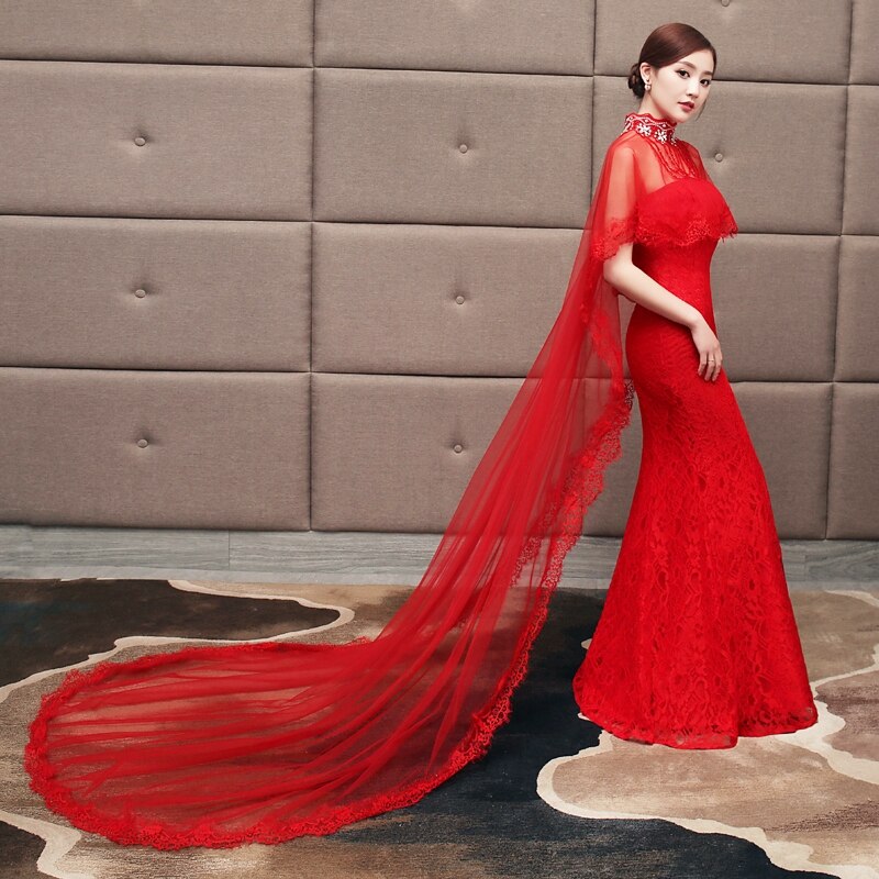 Wedding Cape Bridal Shawl White Red Tulle Crystal Lace Bolero For Women Long Cape Cloak Shawl Shrug Chaquetas De Fiesta Mujer: Long As picture5