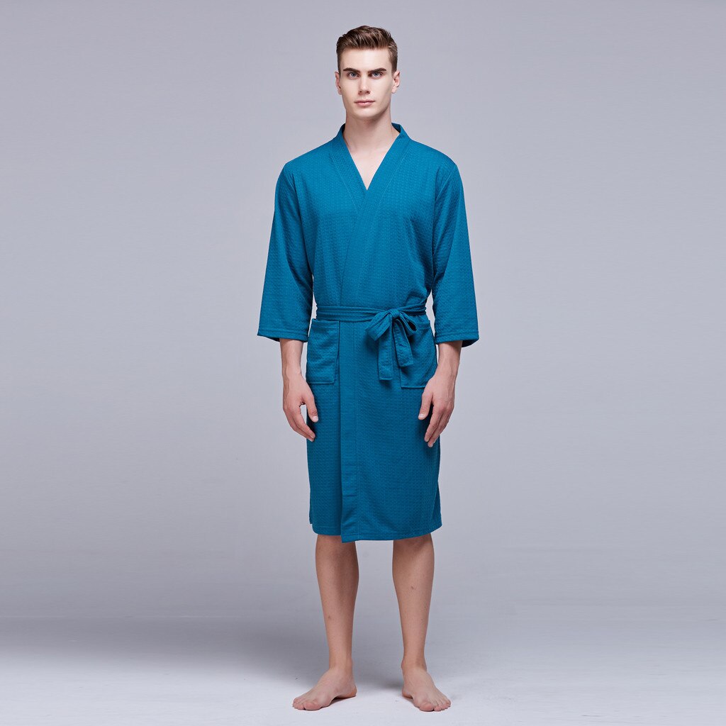 Summer Sleepwear Solid Blue Mid-length Waffle Thin Tunic Bathrobe Super Soft Flannel Coral Fleece Vintage Nightgowns#3