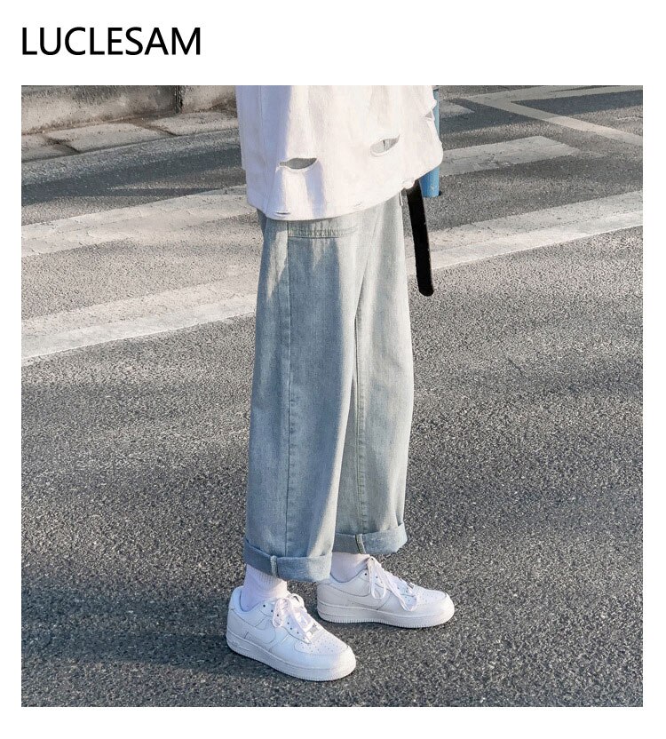 Rechte losse cropped jeans heren koreaanse streetwear heren cropped broek casual denim broek blauwe baggy hiphop jeans: Lichtblauw / S