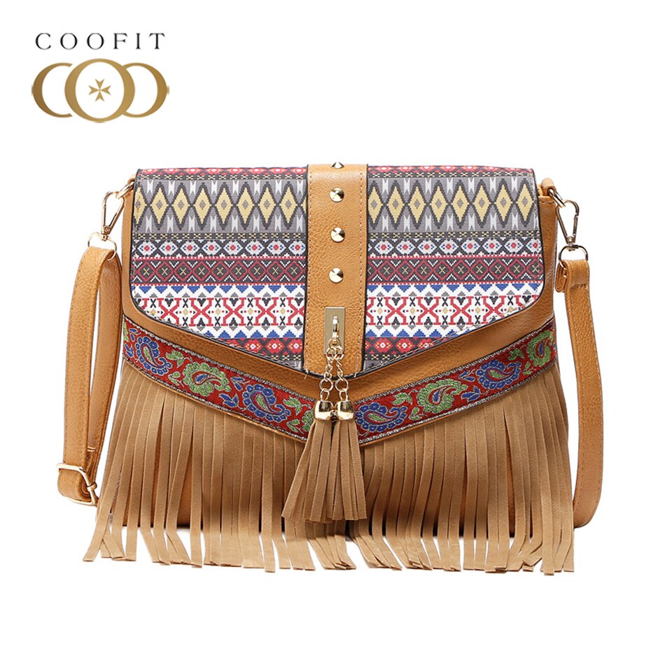 Coofit Vrouwelijke Nationale Stijl Kwastje Tas Womens Casual Dagelijkse Schoudertassen Vintage Klinknagel PU Crossbody Tas Voor Dame Meisje