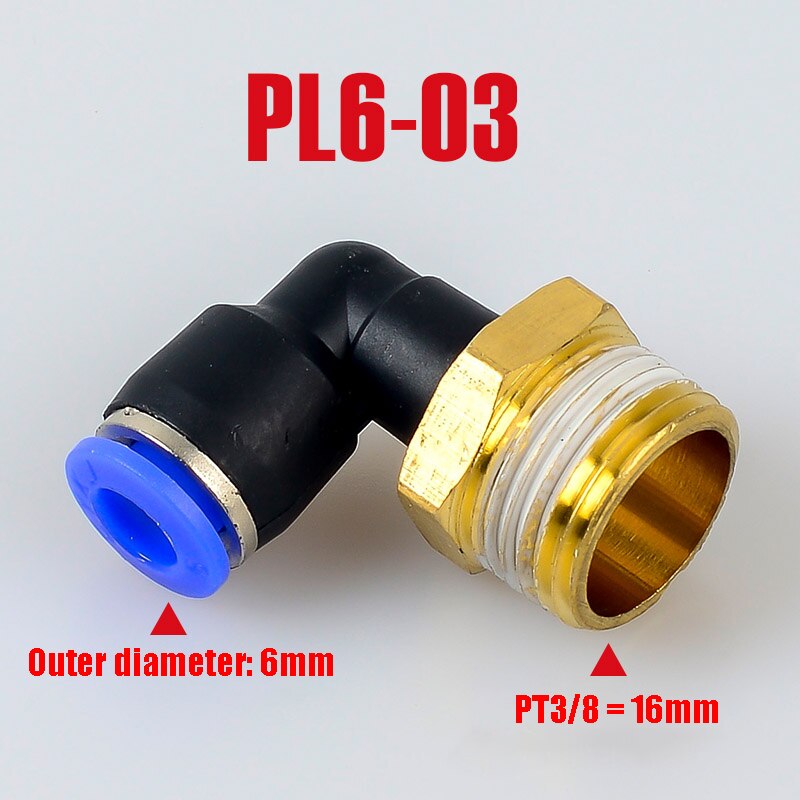 Pl pneumaattinen liitin 4mm-12mm letku  od 1/8 " 1/4 " 3/8 " 1/2 " uros pneumaattinen kierre putki kulmaliitin putki ilma työnnetään sisään: Pl6-03