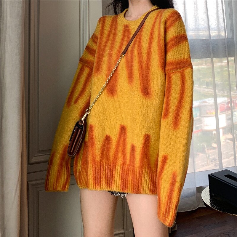 Oversized Sweater Green Pullover Women Knitted Sweater Loose Tops Winter O-Neck Harajuku Sueter Mujer pull Tie Dye Outerwear: yellow