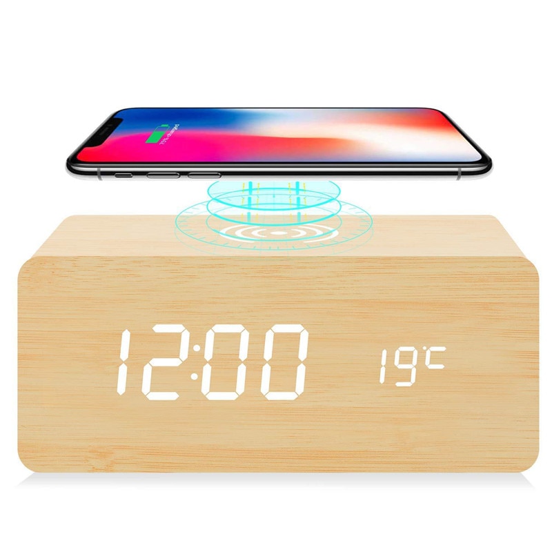 Wooden Digital Clock Sound Control Electronic Alarm Clock Led Mobile Phone Wireless Charging Wooden Clock