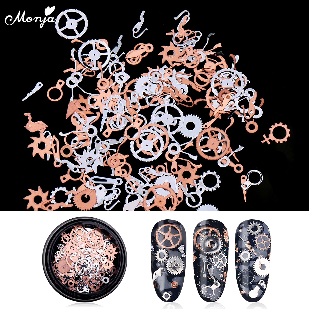 Monja 1Box Nail Art Ultradunne Tijd Gear Stoom Charm Vlokken Steampunk Mechanische Wiel Metalen Diy Pailletten Decoratie accessoires