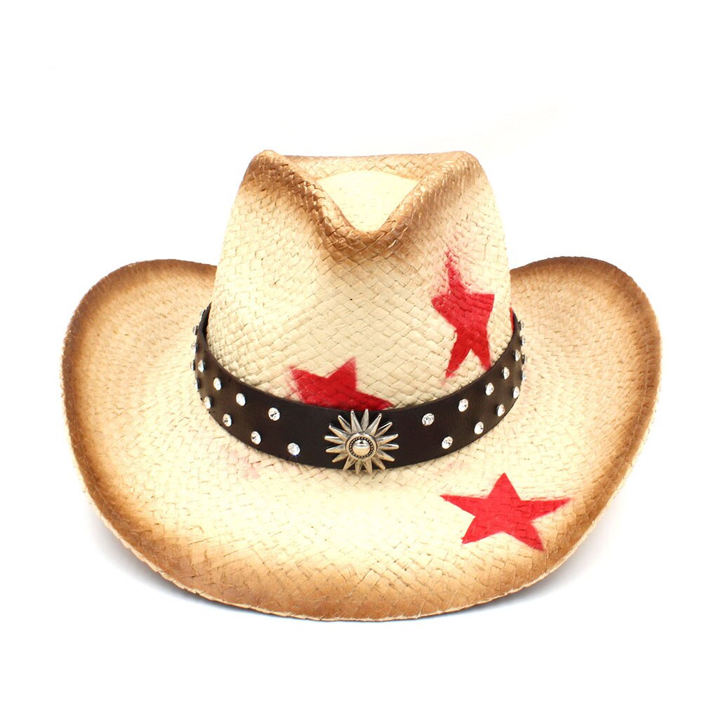Frauen Männer Straw Western Cowboy Hut Mit Punk Blätter Band Stern Dame Dad Sombrero Hombre Cowgirl Jazz Kappen Größe 58CM: C8 CAW