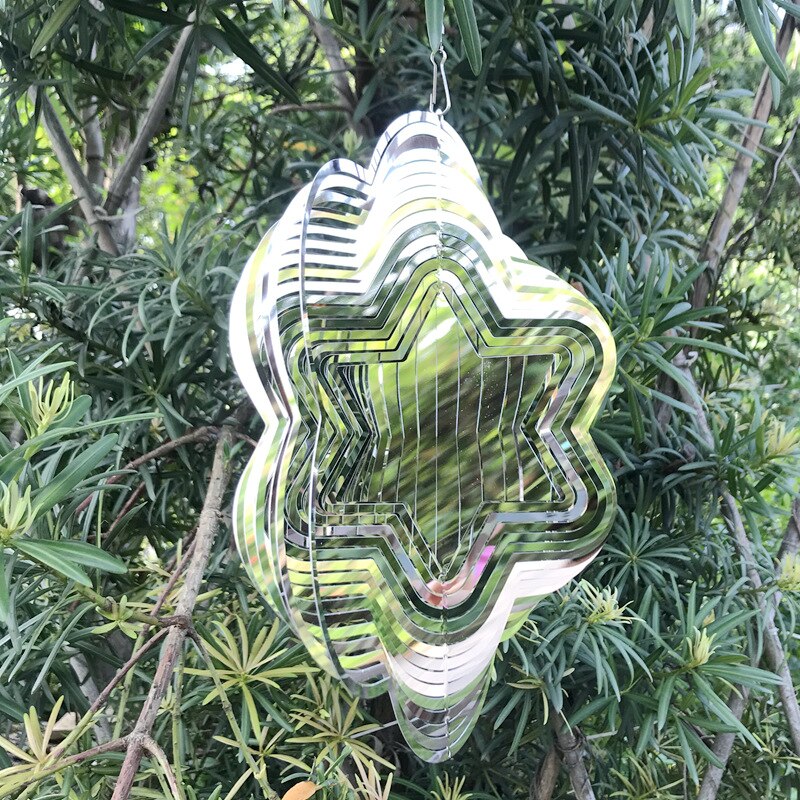 3D Round Rotating Wind Chimes Flowing-Light Effect Home Garden Decoration Outdoor Hanging Decor Shiny Wind Spinners: Silver Star shape
