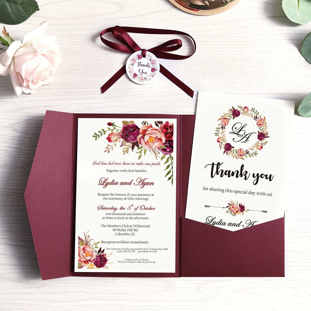 1pc Wedding Invitation Navy Blue Pocket Burgundy Greeting Card with Envelope Party With Ribbon and Tag